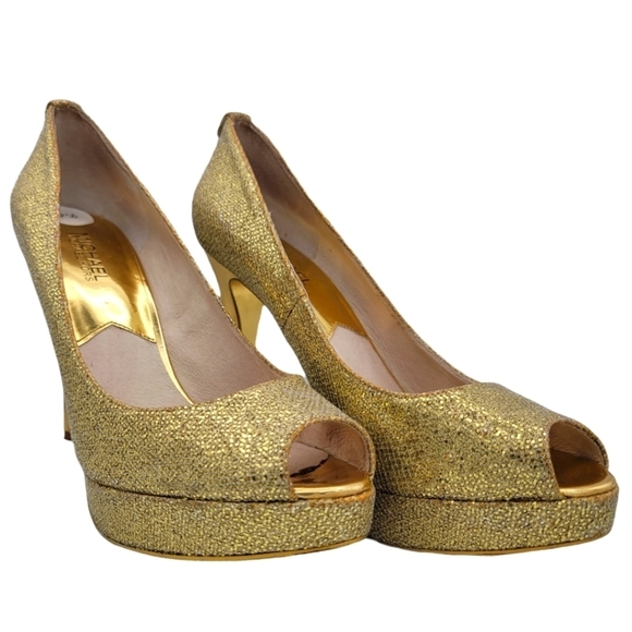 MICHAEL Michael Kors Gold Glitter 5" Heels Size 9.5M Leather - Picture 2 of 8